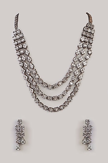 White Rhodium Finish American Diamond & Zircon Layered Necklace Set
