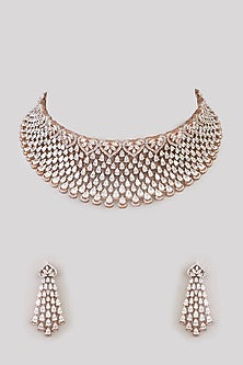 White Rhodium Finish American Diamond & Zircon Choker Necklace Set