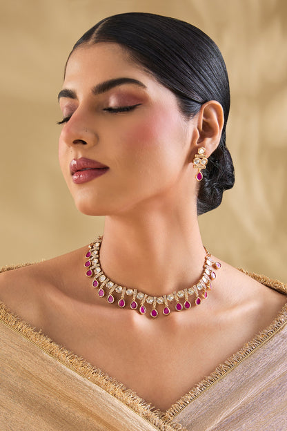 Rose Gold Finish Crystal & Ruby Red Stone Choker Necklace Set