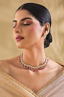 Rose Gold Finish Crystal & Ruby Red Stone Choker Necklace Set