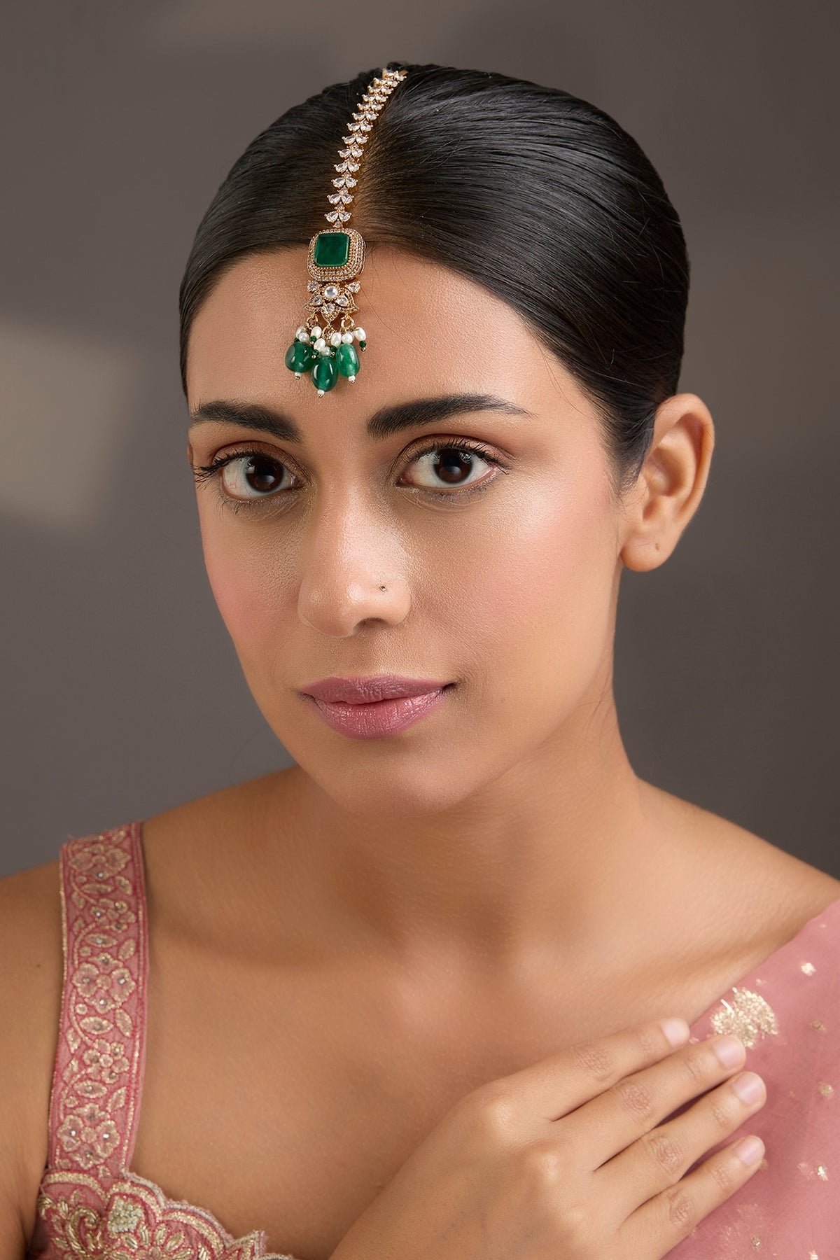 Gold Finish American Diamond & Emerald Green Stone Maangtikka
