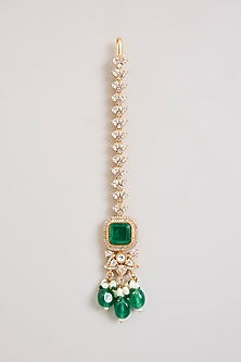 Gold Finish American Diamond & Emerald Green Stone Maangtikka