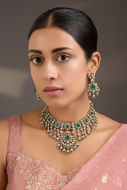 Gold Finish Kundan Polki & Emerald Green Stone Floral Motif Necklace Set