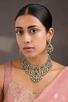 Gold Finish Kundan Polki & Emerald Green Stone Floral Motif Necklace Set