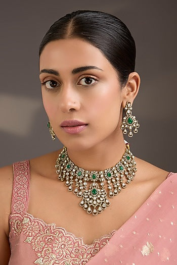 Gold Finish Kundan Polki & Emerald Green Stone Floral Motif Necklace Set