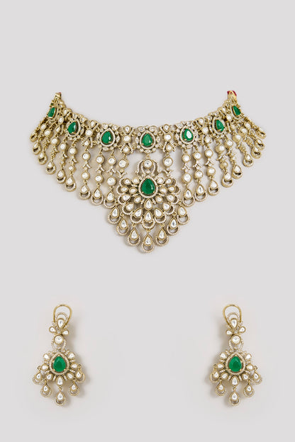 Gold Finish Kundan Polki & Emerald Green Stone Floral Motif Necklace Set