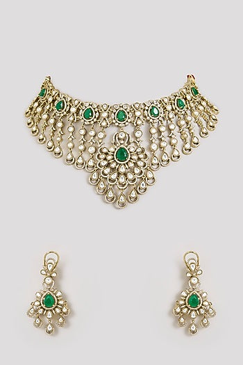 Gold Finish Kundan Polki & Emerald Green Stone Floral Motif Necklace Set