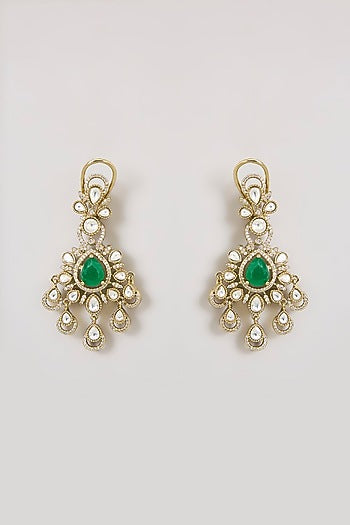 Gold Finish Kundan Polki & Emerald Green Stone Floral Motif Necklace Set
