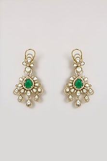 Gold Finish Kundan Polki & Emerald Green Stone Floral Motif Necklace Set