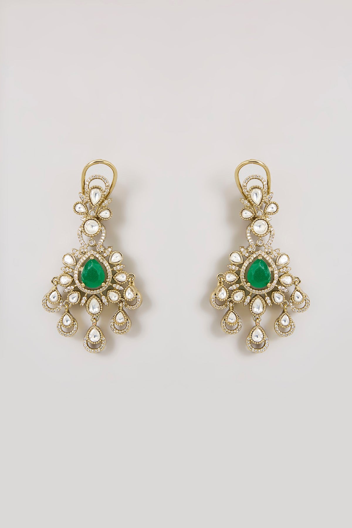 Gold Finish Kundan Polki & Emerald Green Stone Floral Motif Necklace Set