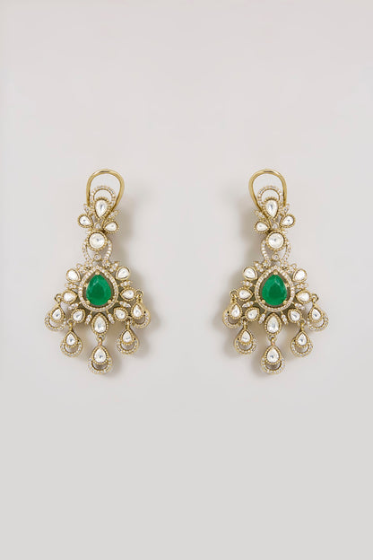 Gold Finish Kundan Polki & Emerald Green Stone Floral Motif Necklace Set