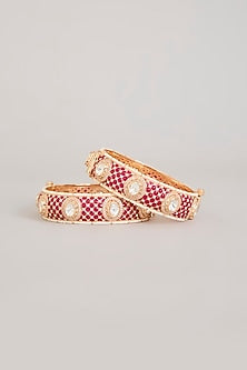 Gold Finish Kundan Polki & Ruby Pink Stone Bangles (Set Of 2)