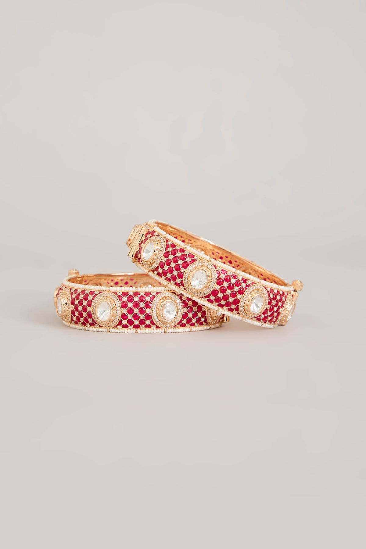 Gold Finish Kundan Polki & Ruby Pink Stone Bangles (Set Of 2)