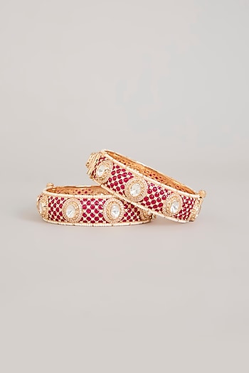 Gold Finish Kundan Polki & Ruby Pink Stone Bangles (Set Of 2)