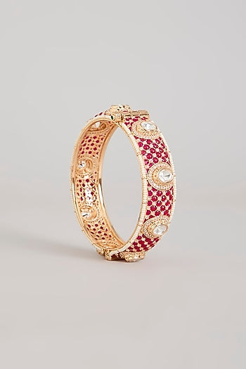 Gold Finish Kundan Polki & Ruby Pink Stone Bangles (Set Of 2)