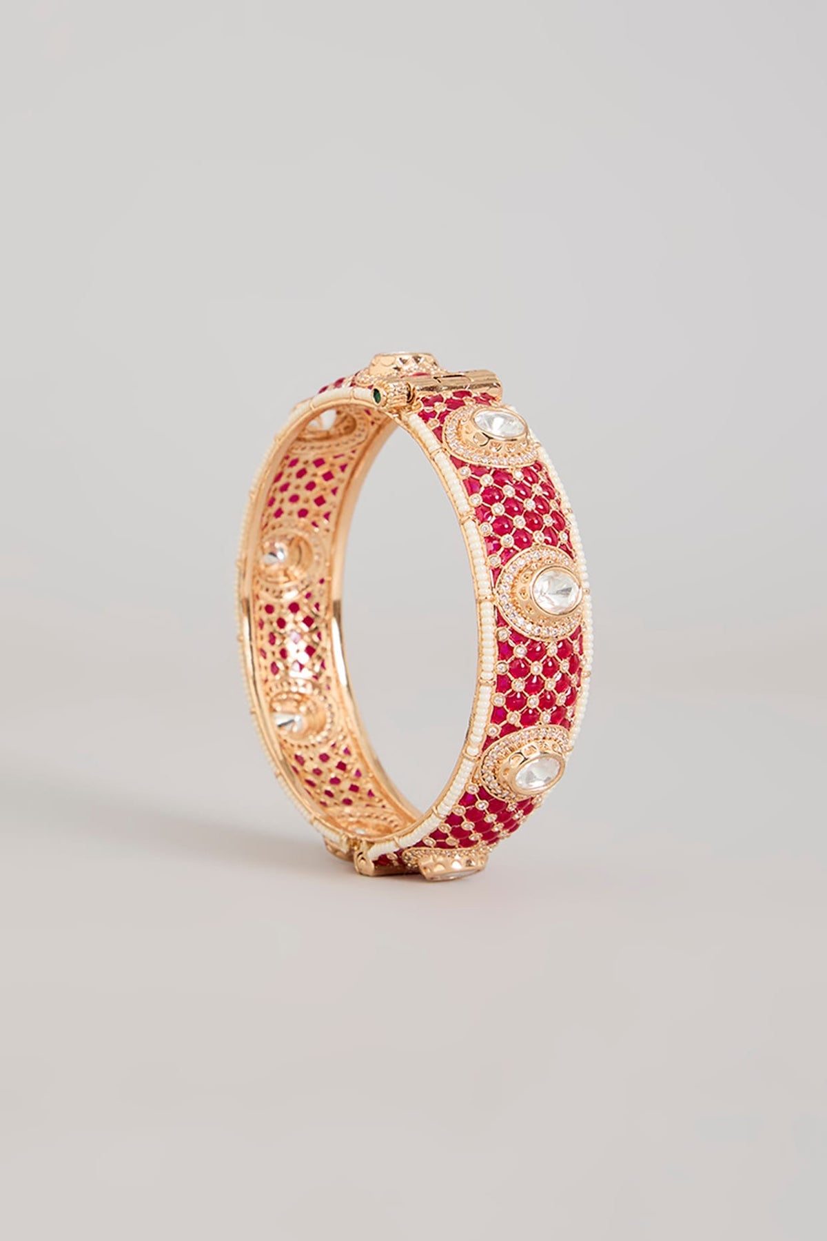 Gold Finish Kundan Polki & Ruby Pink Stone Bangles (Set Of 2)
