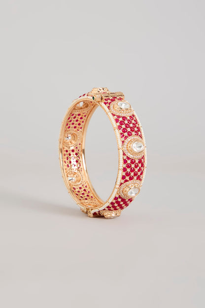 Gold Finish Kundan Polki & Ruby Pink Stone Bangles (Set Of 2)