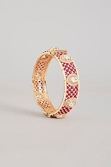 Gold Finish Kundan Polki & Ruby Pink Stone Bangles (Set Of 2)