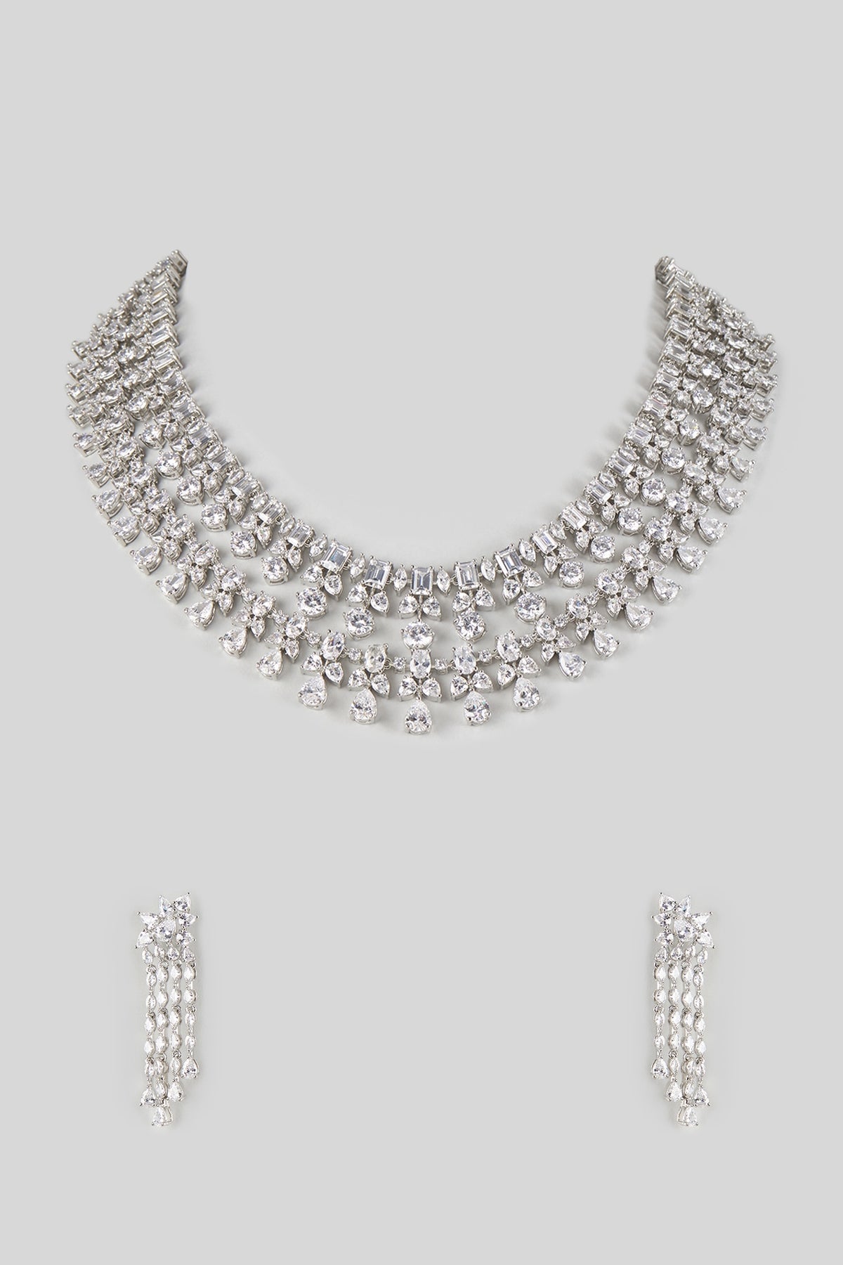Silver Finish Cubic Zirconia Layered Necklace Set
