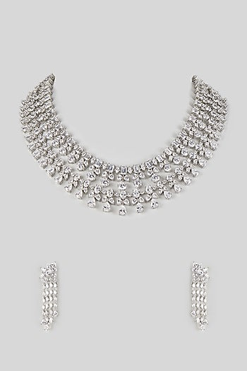 Silver Finish Cubic Zirconia Layered Necklace Set