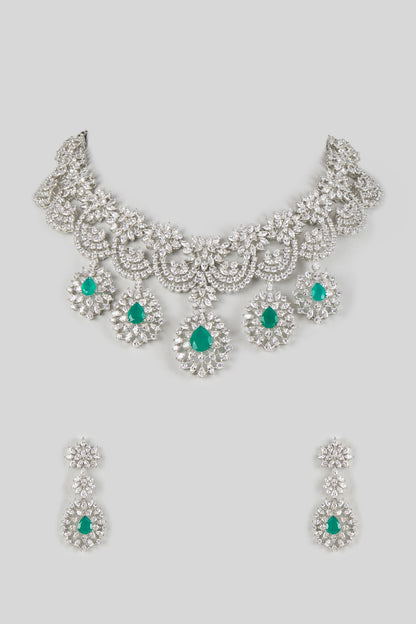 Silver Finish Cubic Zirconia & Emerald Stone Necklace Set