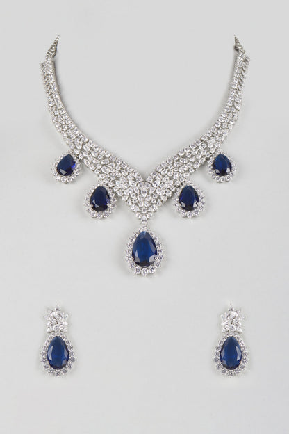 Silver Finish Cubic Zirconia & Royal Blue Stone Necklace Set