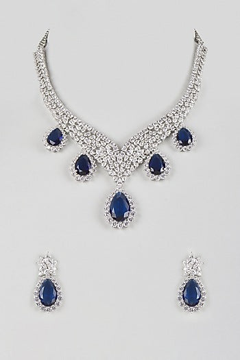 Silver Finish Cubic Zirconia & Royal Blue Stone Necklace Set