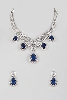 Silver Finish Cubic Zirconia & Royal Blue Stone Necklace Set