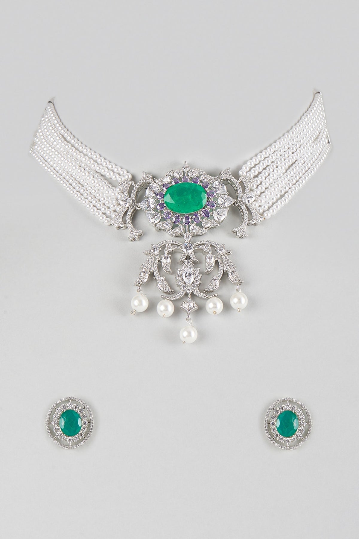 Silver Finish Cubic Zirconia & Emerald Stone Necklace Set