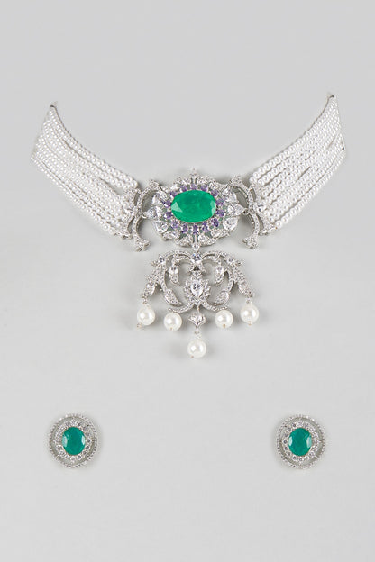 Silver Finish Cubic Zirconia & Emerald Stone Necklace Set