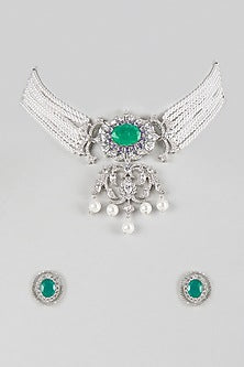 Silver Finish Cubic Zirconia & Emerald Stone Necklace Set