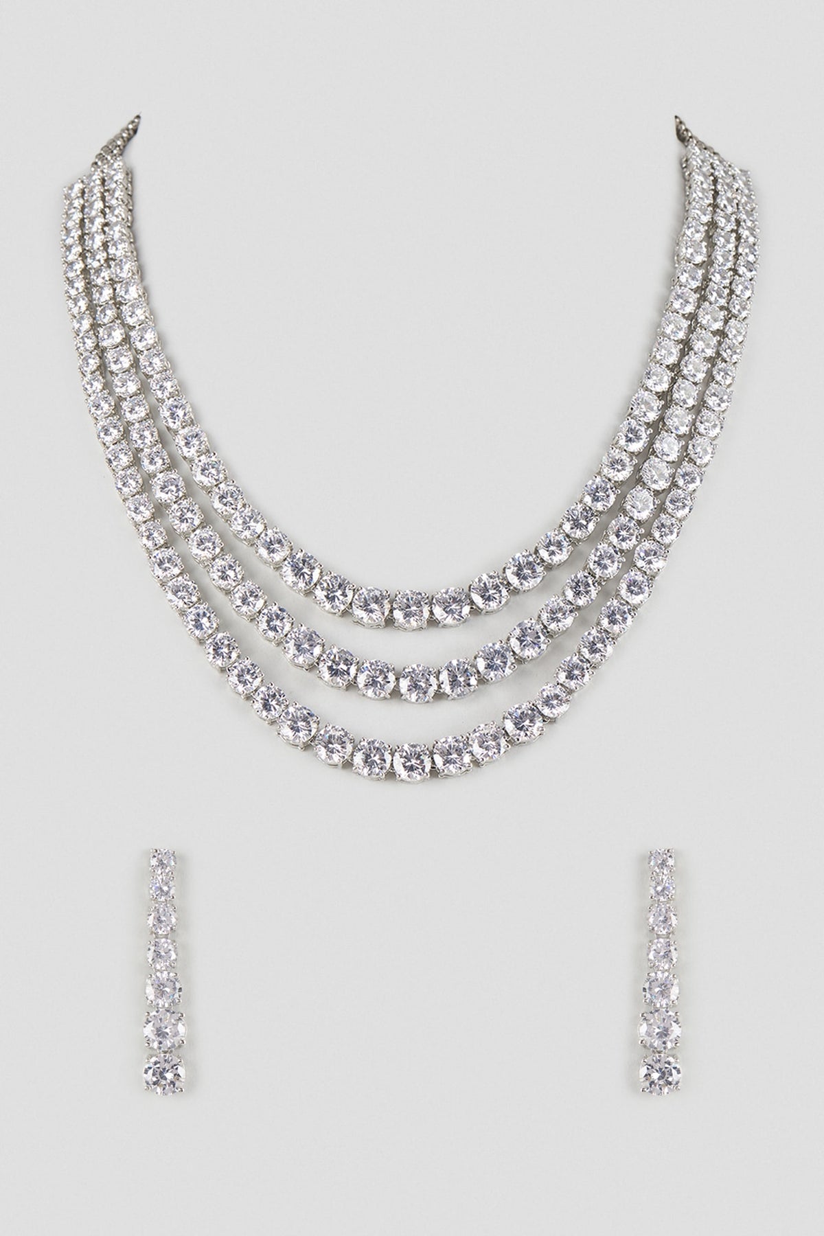 Silver Finish Cubic Zirconia Layered Necklace Set