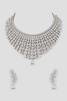 Silver Finish Cubic Zirconia Layered Necklace Set