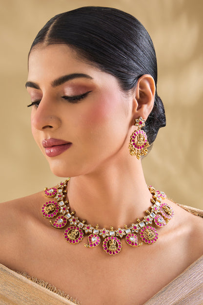 Gold Finish Kundan Polki & Pink Stone Choker Necklace Set