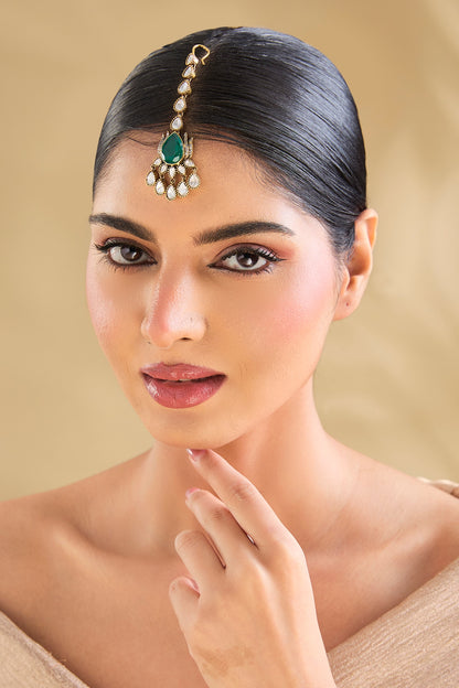 Gold Finish American Diamond & Emerald Green Maangtikka