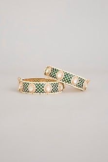 Gold Finish Emerald Green Kundan Polki Openable Meenakari Bangles (Set Of 2)