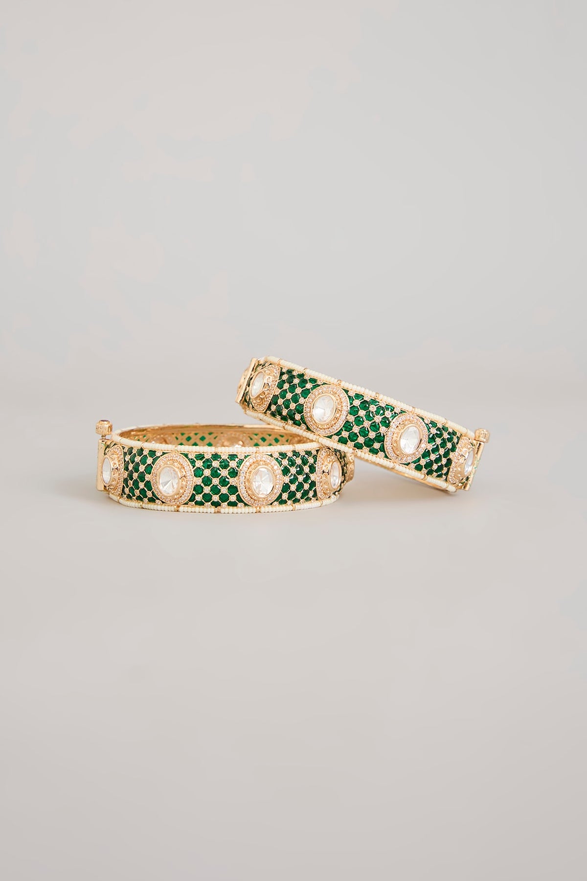 Gold Finish Emerald Green Kundan Polki Openable Meenakari Bangles (Set Of 2)
