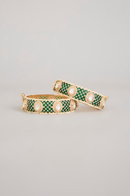 Gold Finish Emerald Green Kundan Polki Openable Meenakari Bangles (Set Of 2)