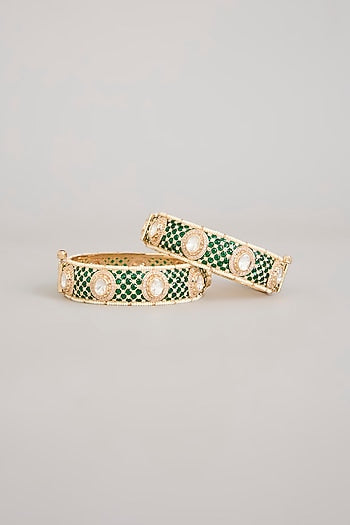 Gold Finish Emerald Green Kundan Polki Openable Meenakari Bangles (Set Of 2)