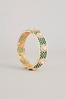 Gold Finish Emerald Green Kundan Polki Openable Meenakari Bangles (Set Of 2)