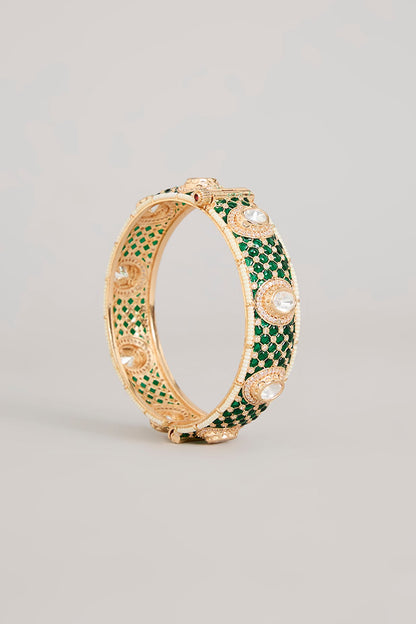 Gold Finish Emerald Green Kundan Polki Openable Meenakari Bangles (Set Of 2)