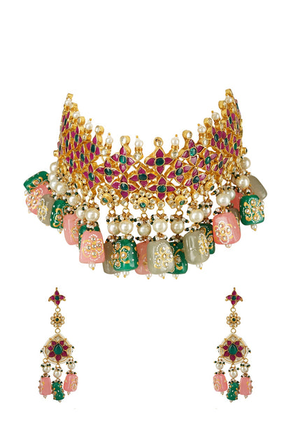 Gold Plated Multi Colored Kundan Polki Necklace Set