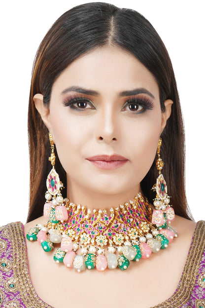 Gold Plated Multi Colored Kundan Polki Necklace Set