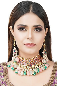 Gold Plated Multi Colored Kundan Polki Necklace Set
