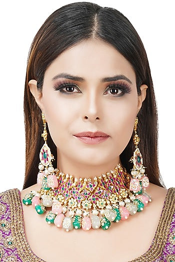 Gold Plated Multi Colored Kundan Polki Necklace Set