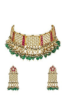 Gold Plated Necklace Set With Kundan Polki