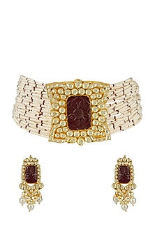 Gold Plated Red Kundan Polki Necklace With Earrings