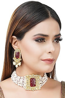 Gold Plated Red Kundan Polki Necklace With Earrings