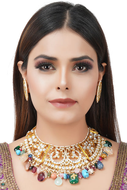 Gold Plated Multi Colored Kundan Polki Necklace Set