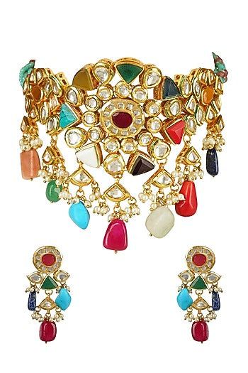 Gold Plated Kundan Polki & Navratna Necklace Set